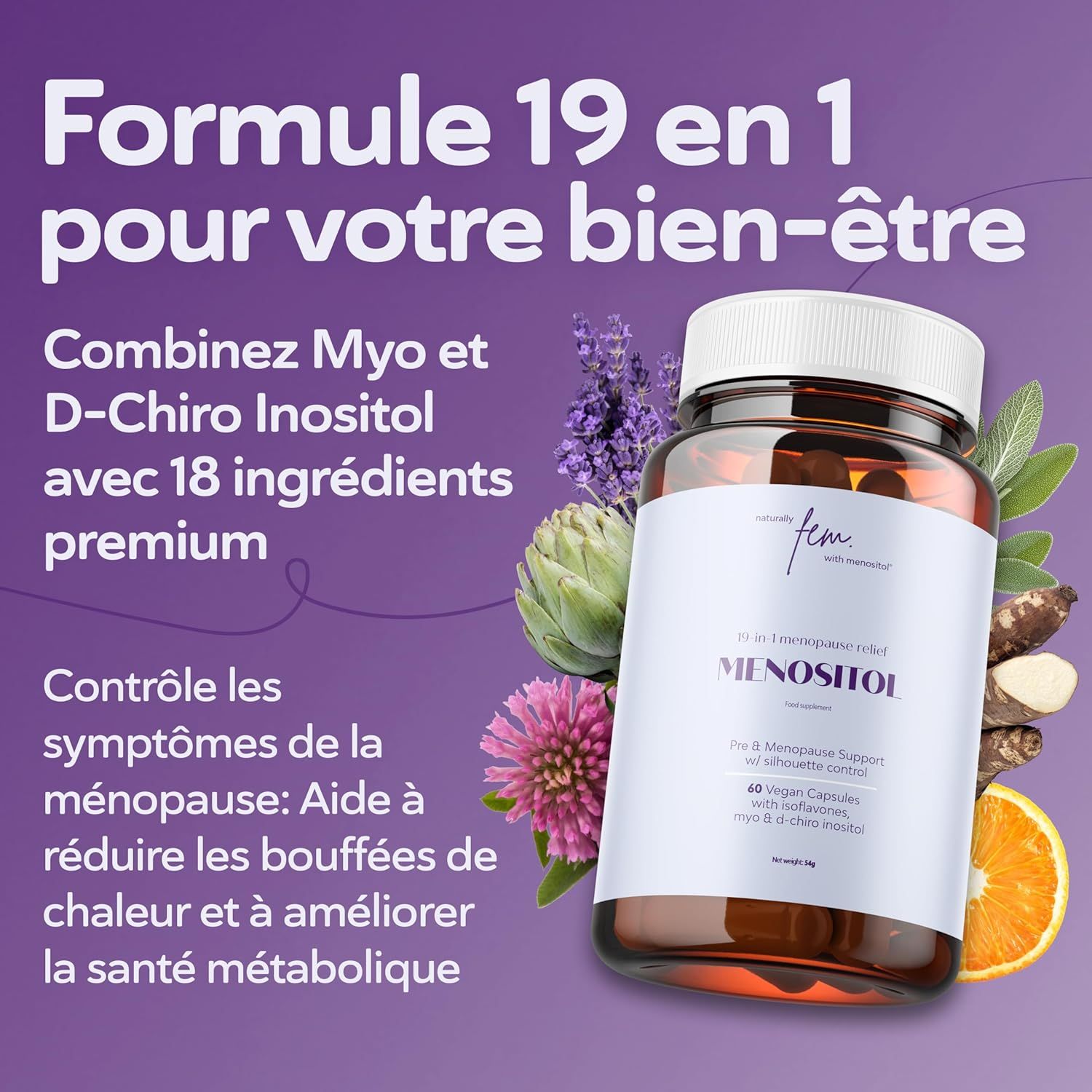 Bouteille en verre brun avec bouchon blanc, étiquette indiquant « MENOSITOL » et 60 gélules végétales.