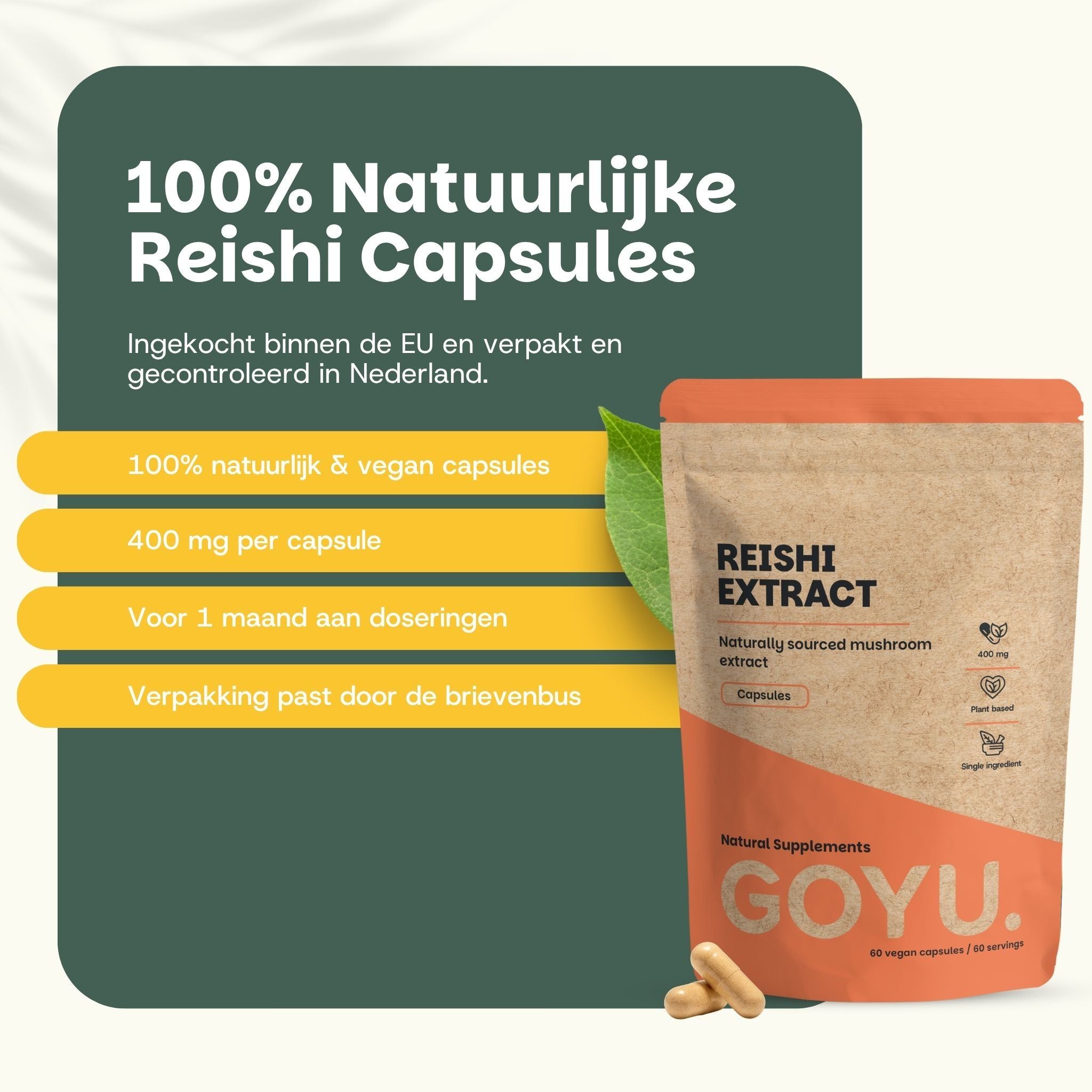 Close-up van een Reishi-paddenstoel. Tekst: The power of Reishi.