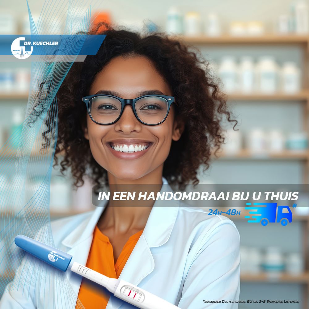 Lachende apotheker met zwangerschapstest. "In een handomdraai bij u thuis".