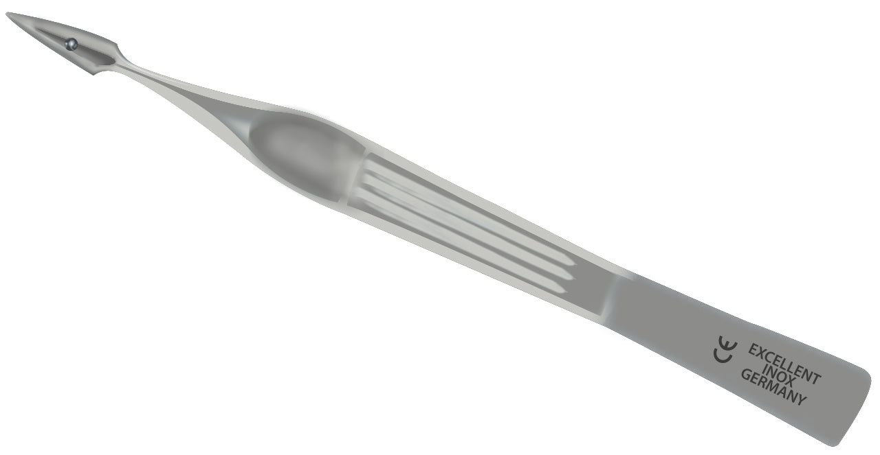 Splinterpincet van metaal. Puntige, langwerpige vorm met geribbeld oppervlak. Gegraveerd: Excellent Inox Germany, CE-markering.