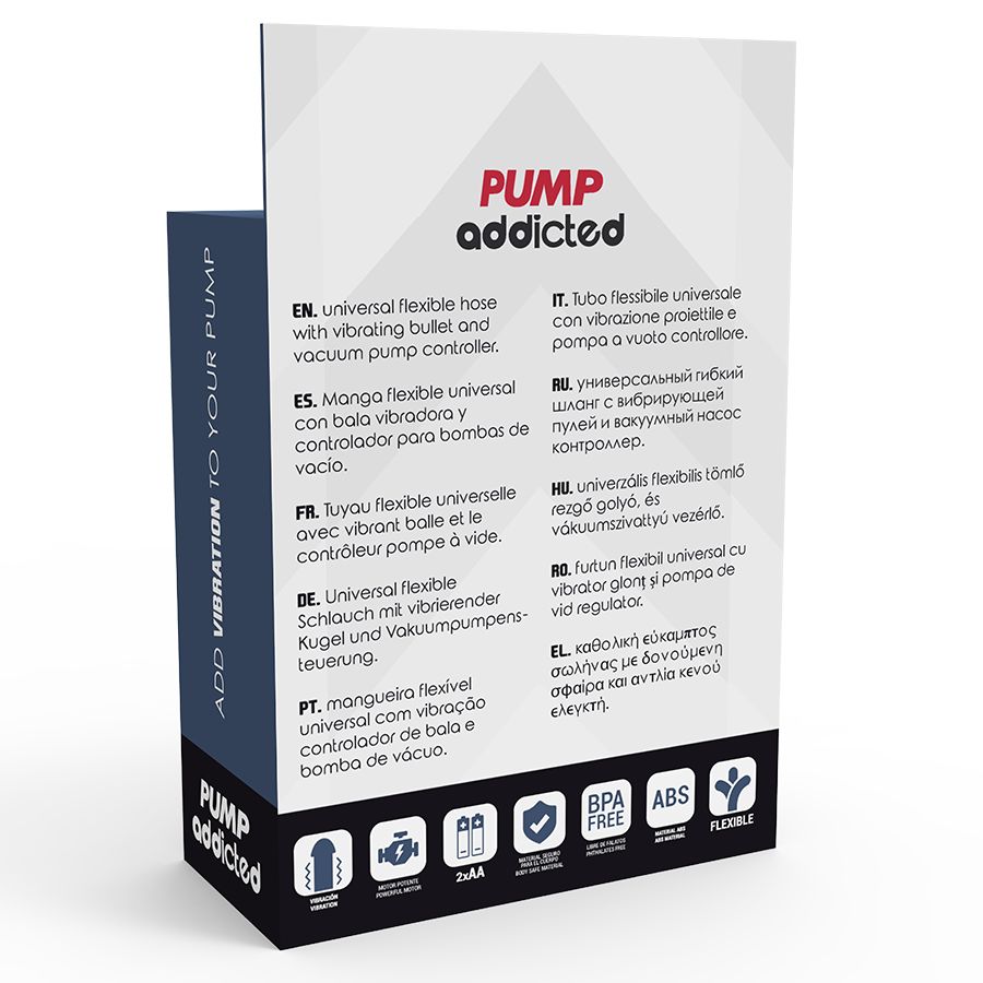 Achterkant van de verpakking. Tekst in meerdere talen. Opschrift: Pump Addicted. Logo's voor BPA-vrij, ABS en flexibel.