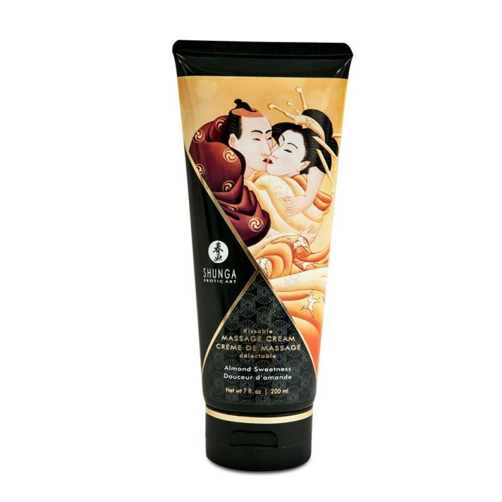 Shunga massagecrème met amandelsmaak, fles met Japanse kunstafbeelding.