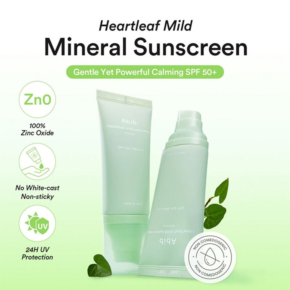 Deux tubes de crème solaire Abib: Heartleaf Mild Mineral Sunscreen et un autre. Avec ZnO et protection UV 24h.