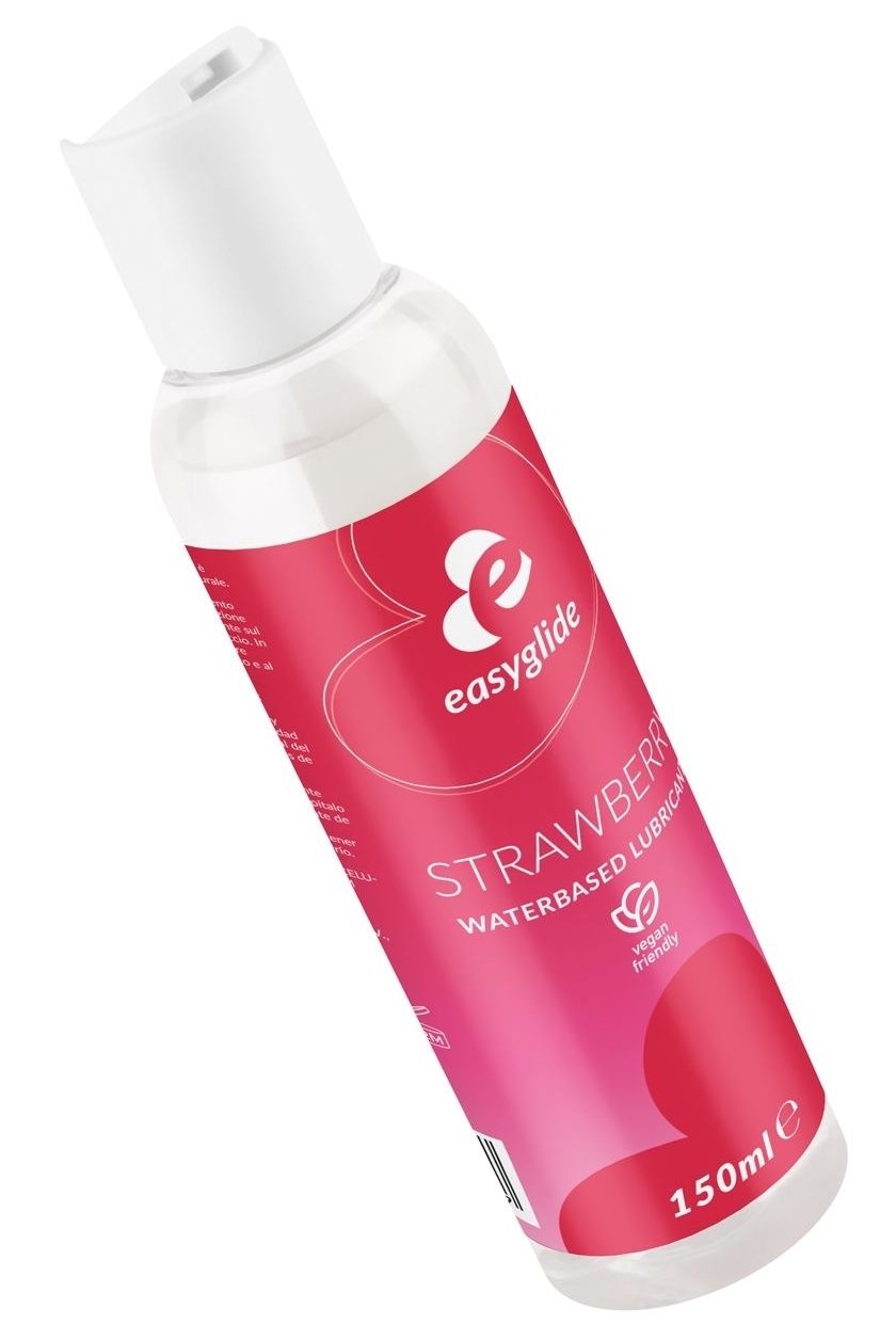 Vue en biais d'un flacon avec bouchon blanc. Étiquette avec "easyglide", fraise et cœur. "150ml" visible.