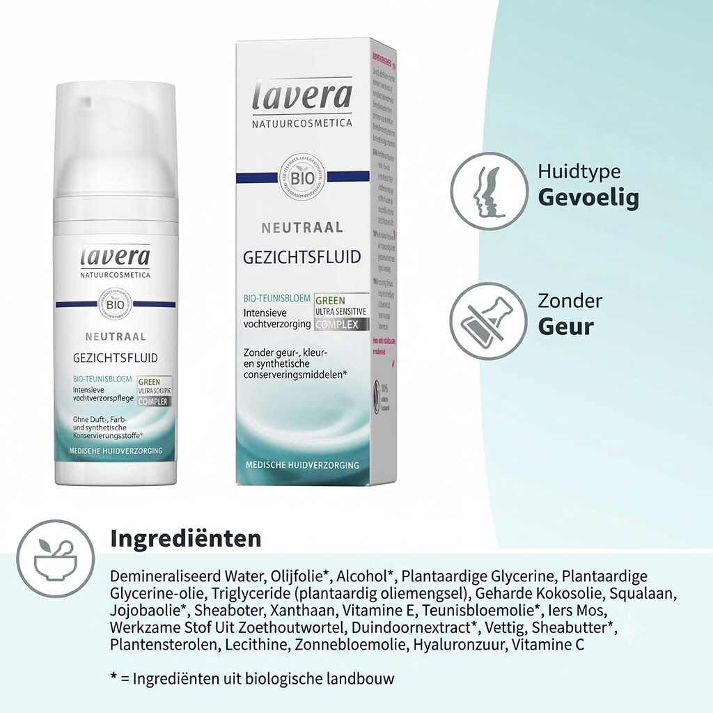 Verpakking Lavera Neutral Gesichtsfluid, vooraanzicht met productinformatie.