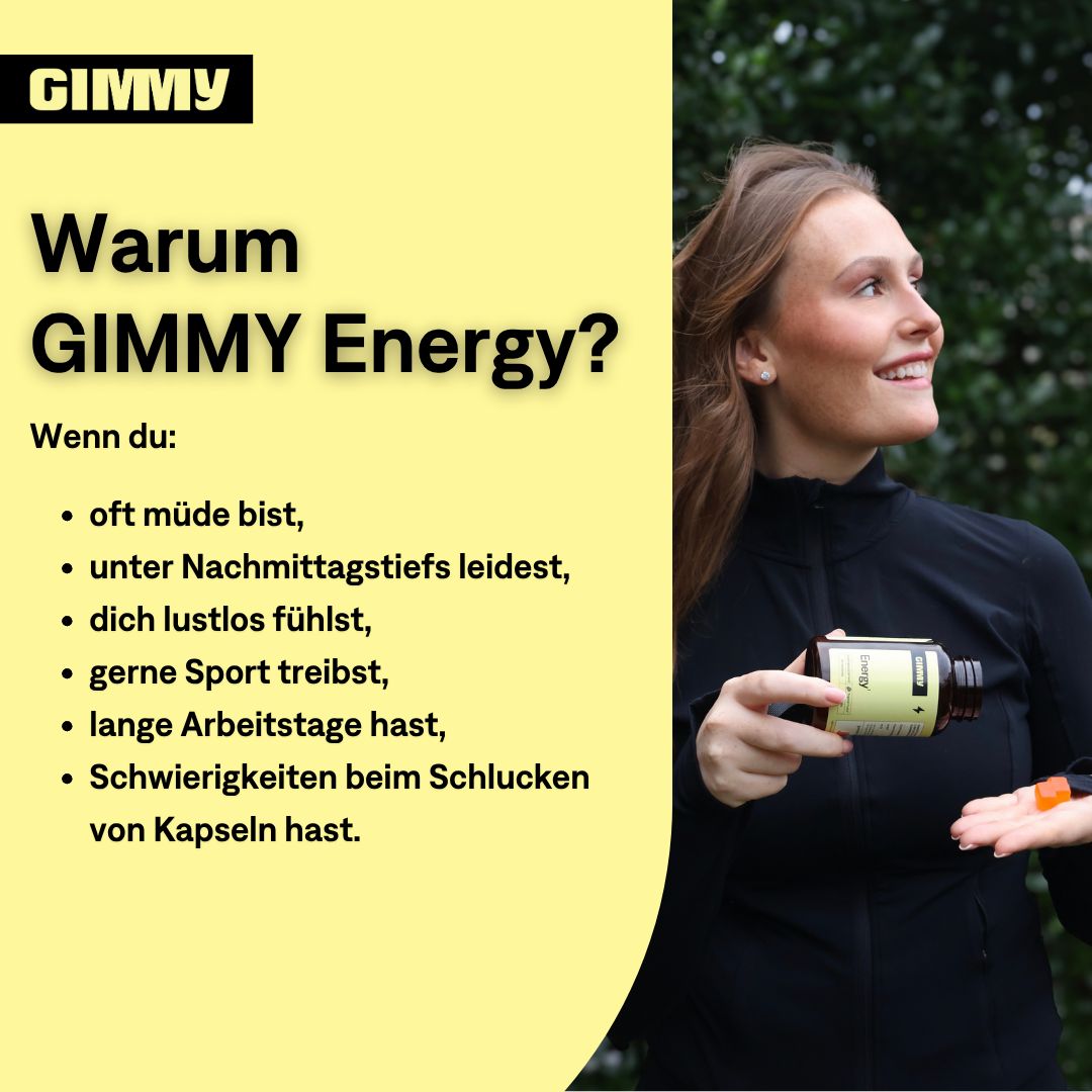 Femme tenant une bouteille et une gomme. Texte : Pourquoi GIMMY Energy ? Si vous...