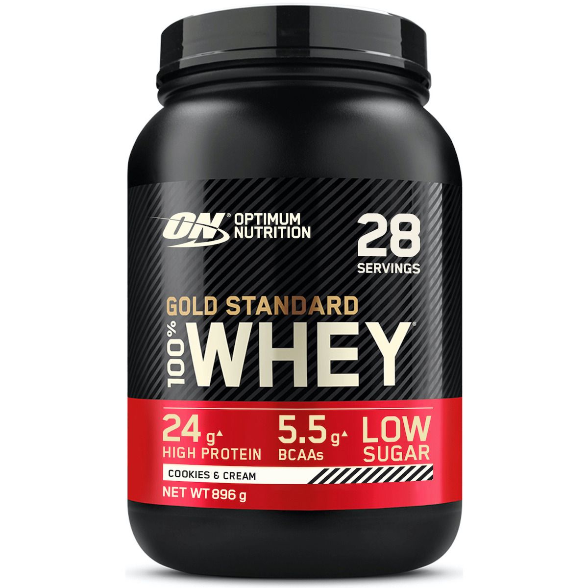 Optimum Nutrition Gold Standard 100% Whey Protéine, Cookies & Cream, pot de 896g. 24g de protéines, 5.5g de BCAAs, faible en sucre.