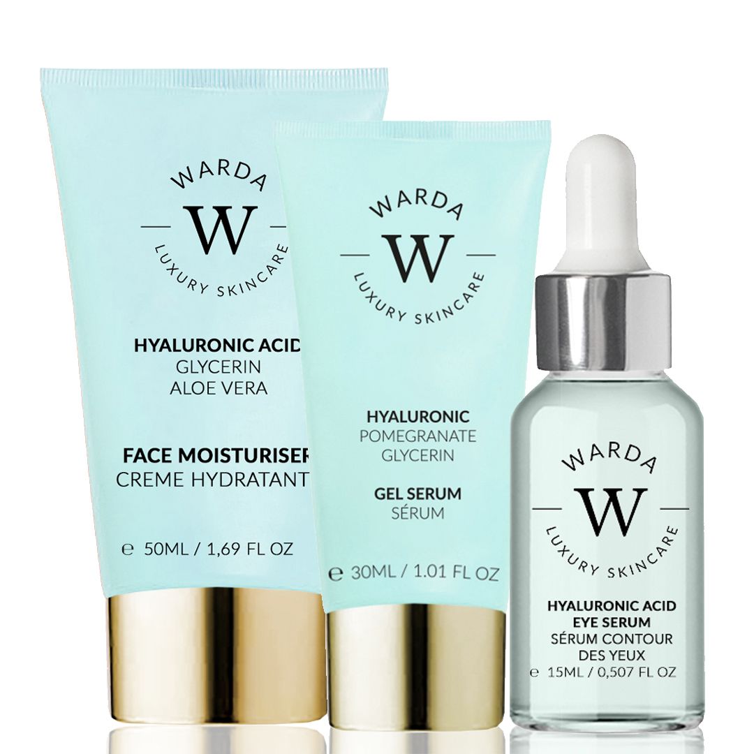 Drie Warda hyaluron huidverzorgingsproducten: gezichtscrème, gel serum en oogserum.