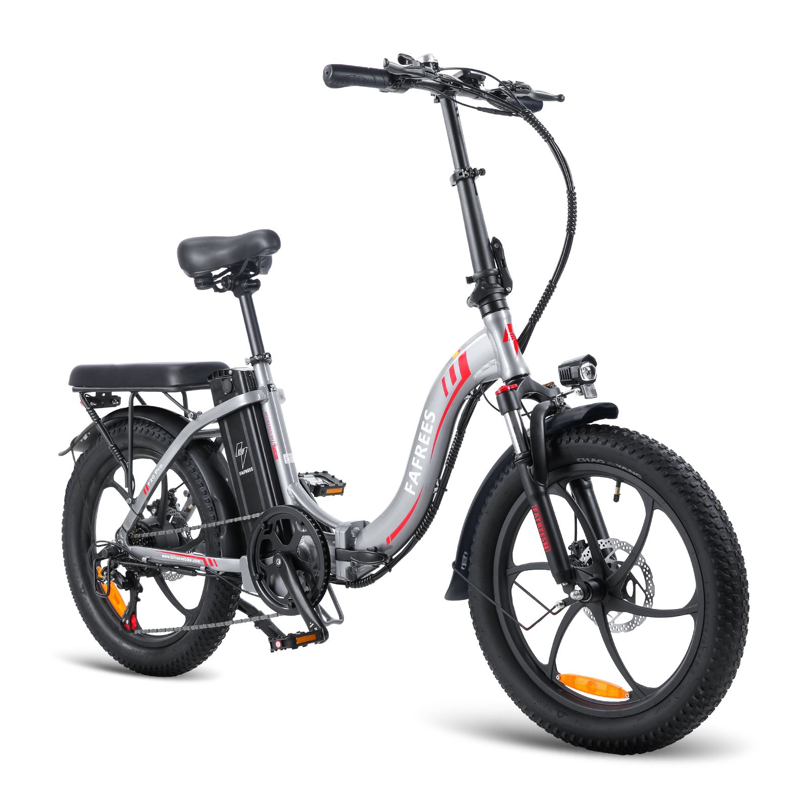 Grijze FAFREES F20 opvouwbare e-bike. Zwarte banden, zadel en bagagedrager. Koplamp en rode accenten.