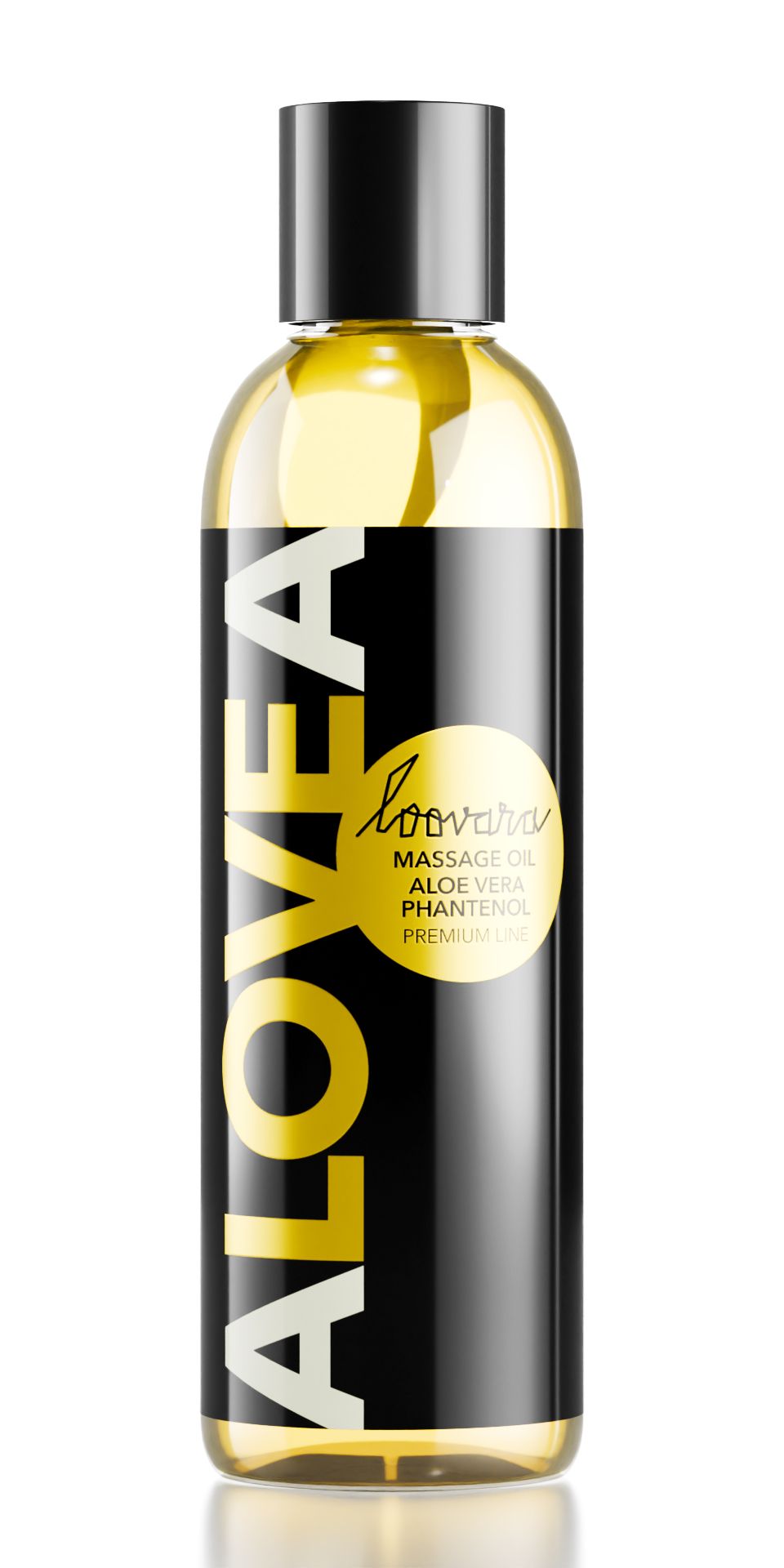 Bouteille d'huile de massage LOOVARA ALOVEA avec étiquette noire et texte jaune.