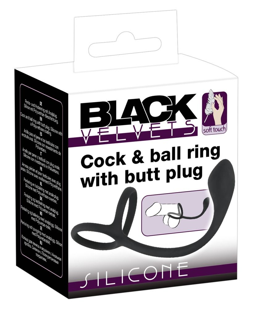Emballage d'un anneau de pénis/testicules noir avec plug anal en silicone.