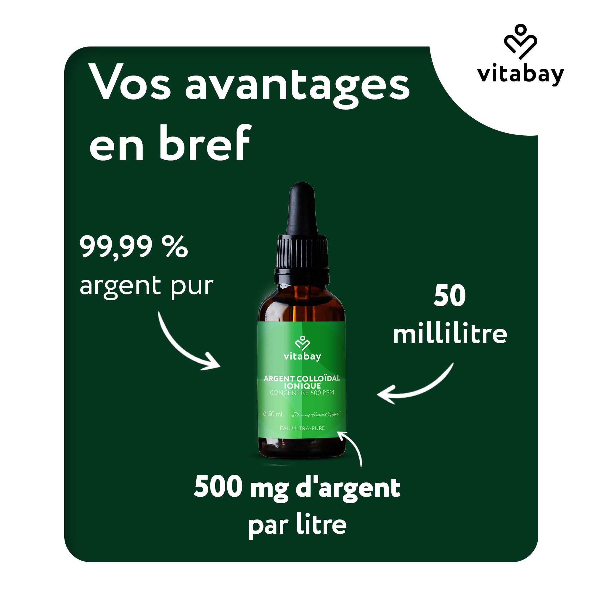 Logo Vitabay, homme tenant deux bouteilles, expérience médicale, valeurs familiales, sans expérimentation animale, processus durables.