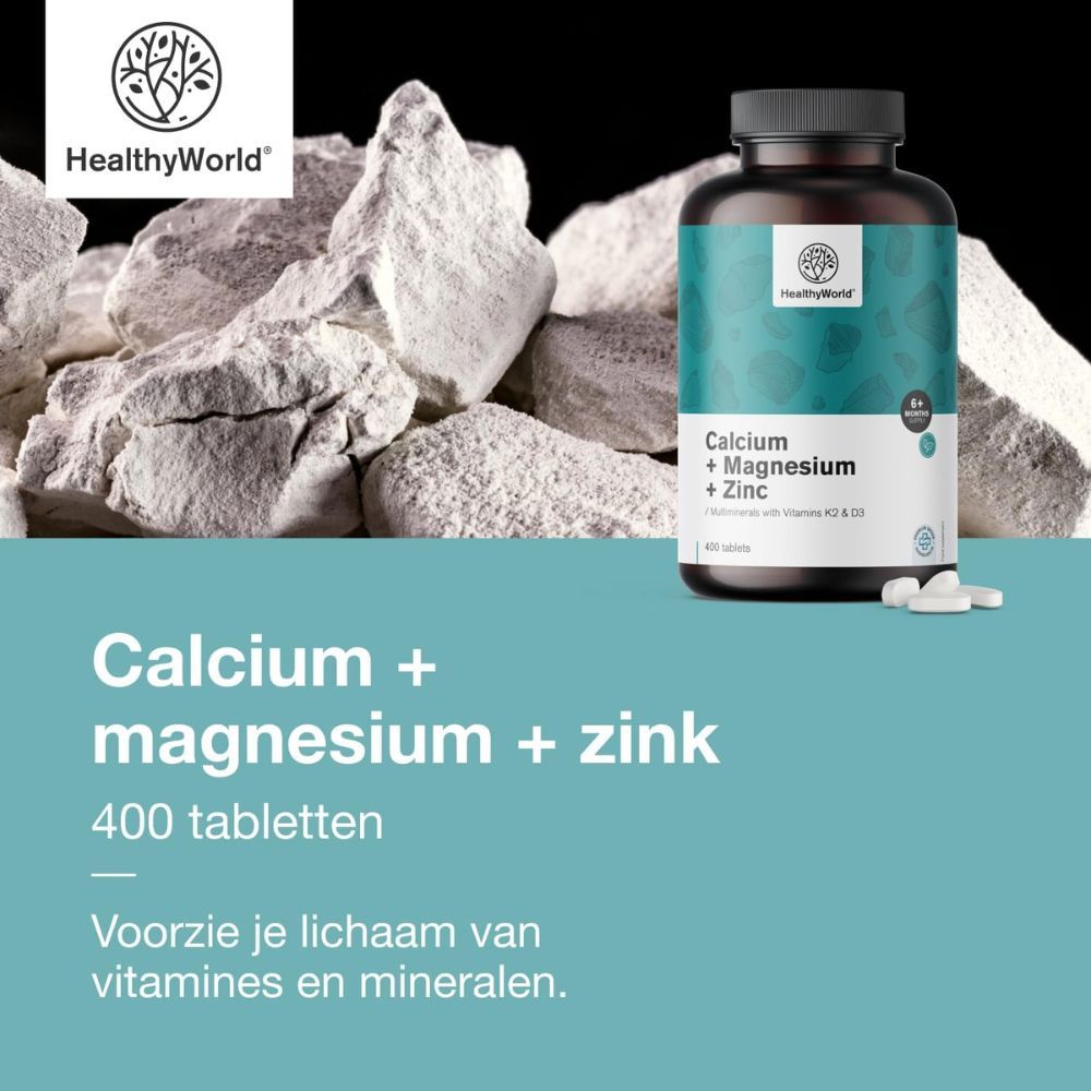 Fles met tabletten en stenen. Tekst: Calcium + magnesium + zink, 400 tabletten. Mineralen.