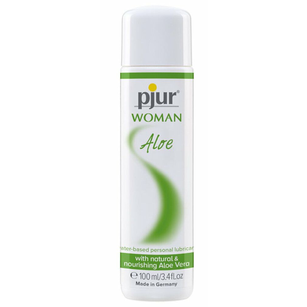 Witte fles met geel logo "pjur" en tekst "WOMAN Aloe". Bevat "Water-based Personal Lubricant".