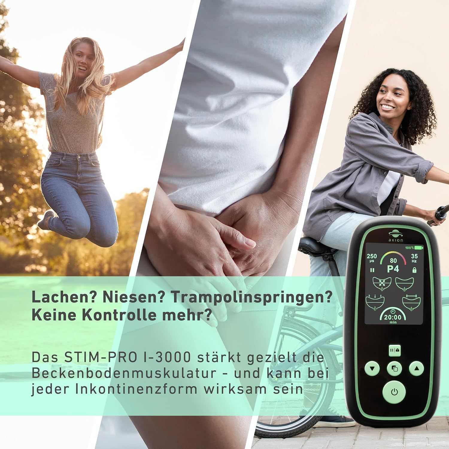axion® I-3000 bekkenbodemtrainer. Vrouwen lachen, niezen, springen. Tekst: Geen controle meer?