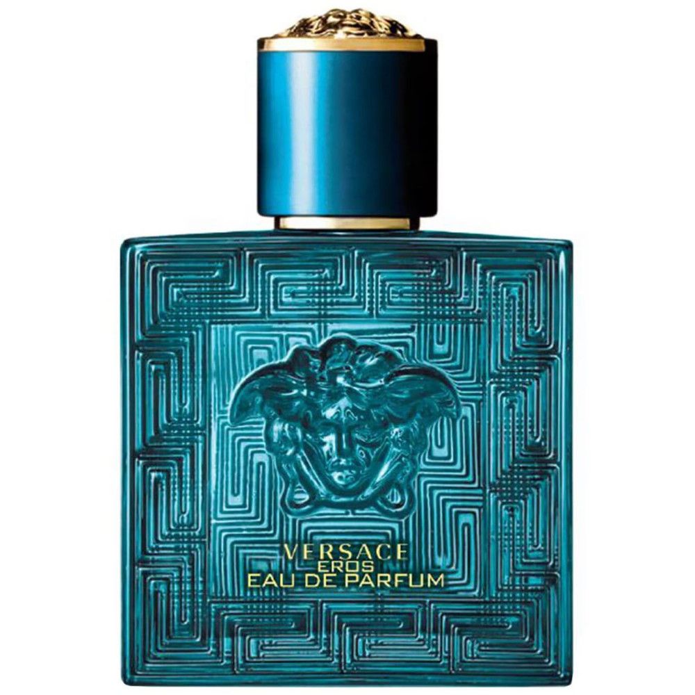 Flacon turquoise avec bouchon doré. Inscription: VERSACE EROS. Eau de Parfum.