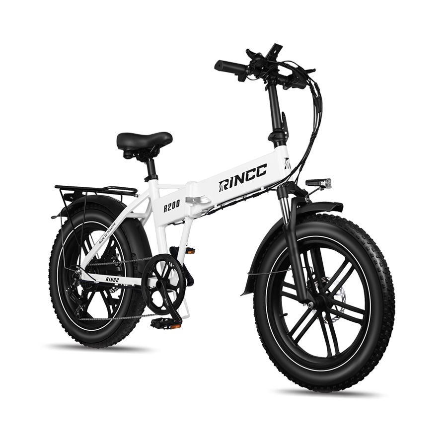 Witte, opvouwbare elektrische fiets met zwarte banden en details. Merk Rincc, model R200.