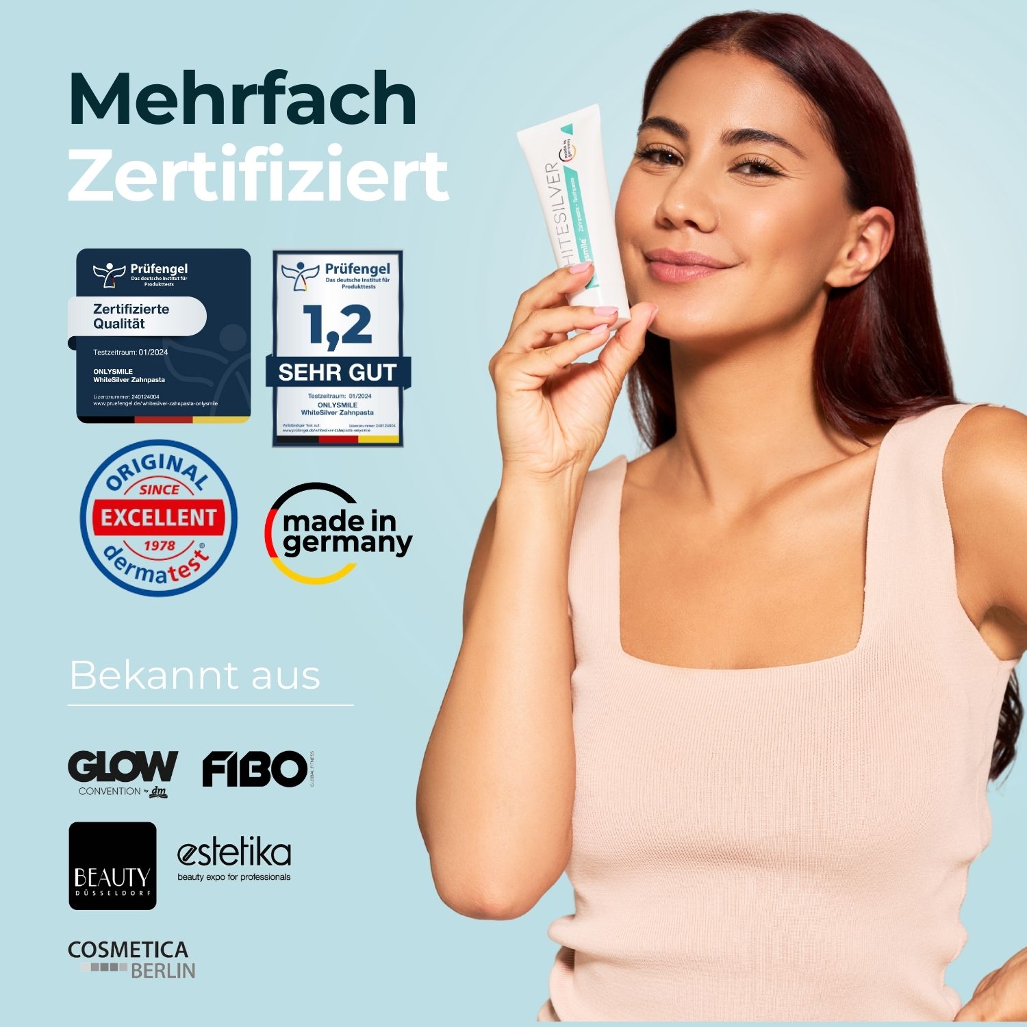 Femme tenant du dentifrice. Certifications et logos. Dentifrice Whitesilver. Fabriqué en Allemagne.