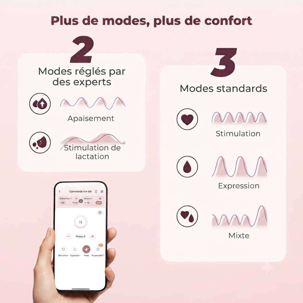 Graphique montrant deux modes : 'Apaisement' et 'Stimulation de lactation'. À côté, trois modes : 'Stimulation', 'Expression' et 'Mixte'. Une main tient un smartphone avec une interface d'application.