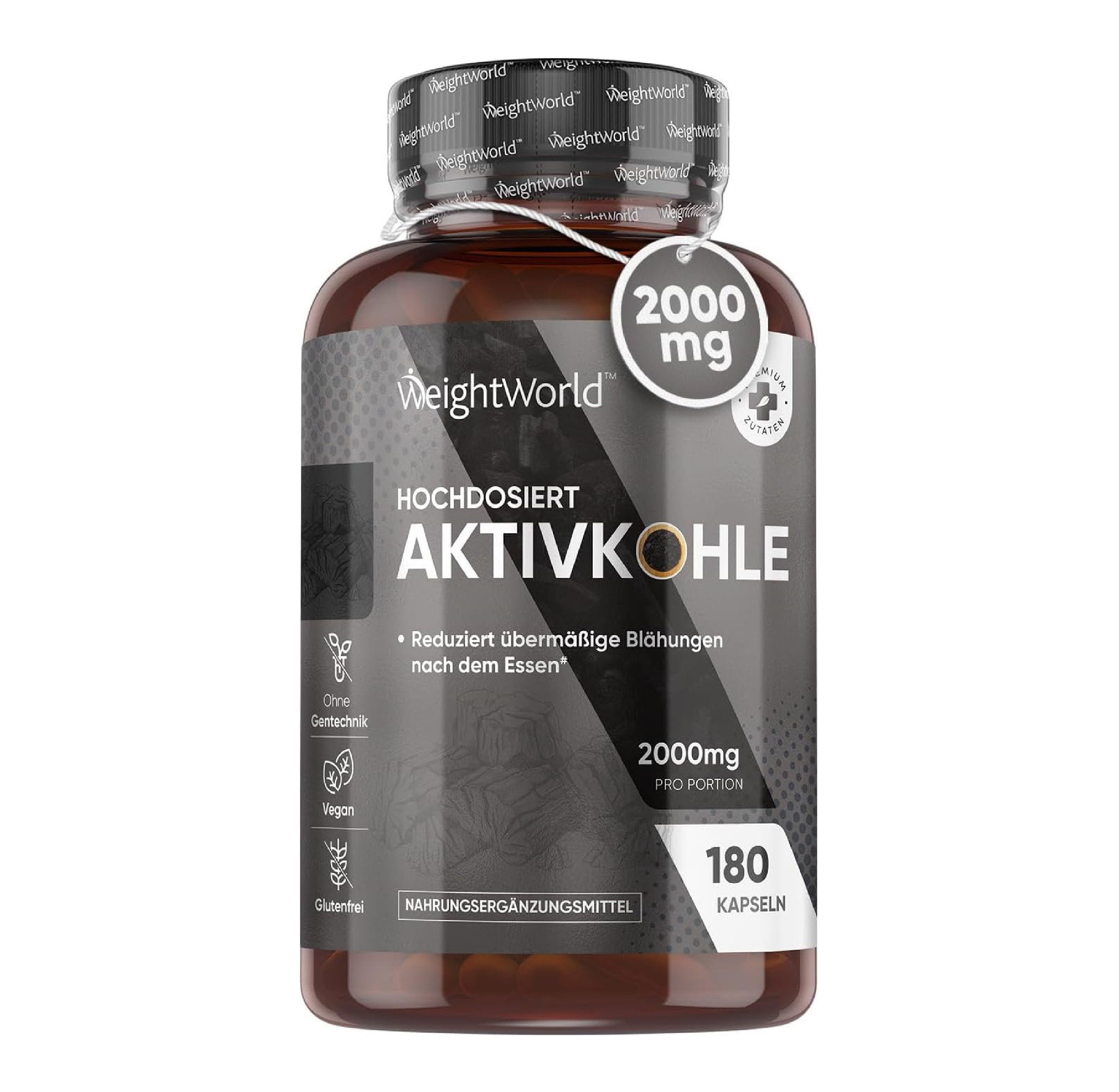 Bouteille de gélules de charbon actif avec étiquette indiquant 2000mg et 180 gélules.