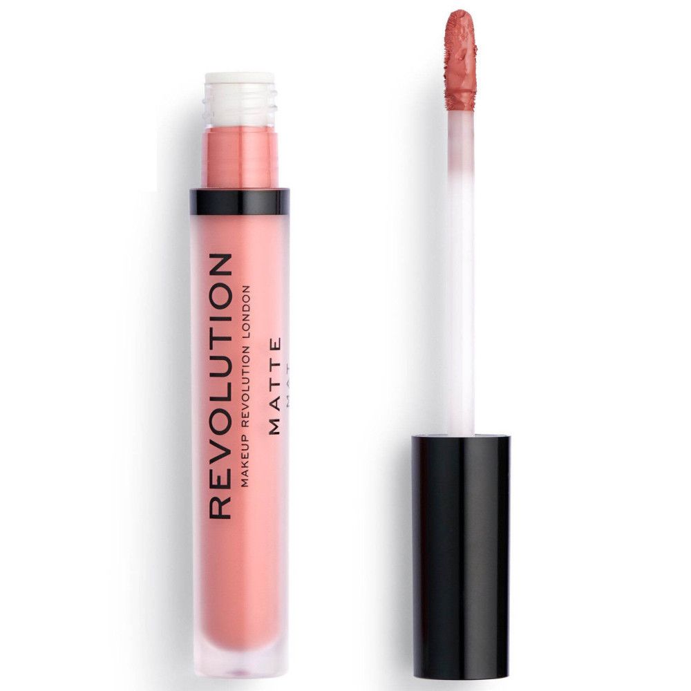 Tube de gloss ouvert avec applicateur. Liquide rose, tige blanche, capuchon noir. Inscription: REVOLUTION LONDON MATTE.