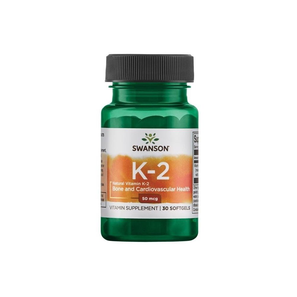 Bouteille verte de Softgels de Vitamine K-2 SWANSON. Contient 30 softgels pour la santé osseuse et cardiovasculaire.