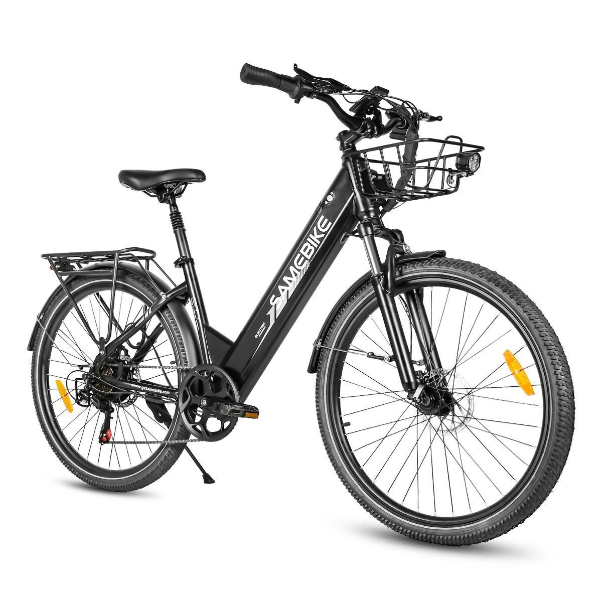 Zwarte SAMEBIKE RS-A01 Pro-T e-bike met mand. Bagagedrager, spatborden, koplamp en achterlicht.