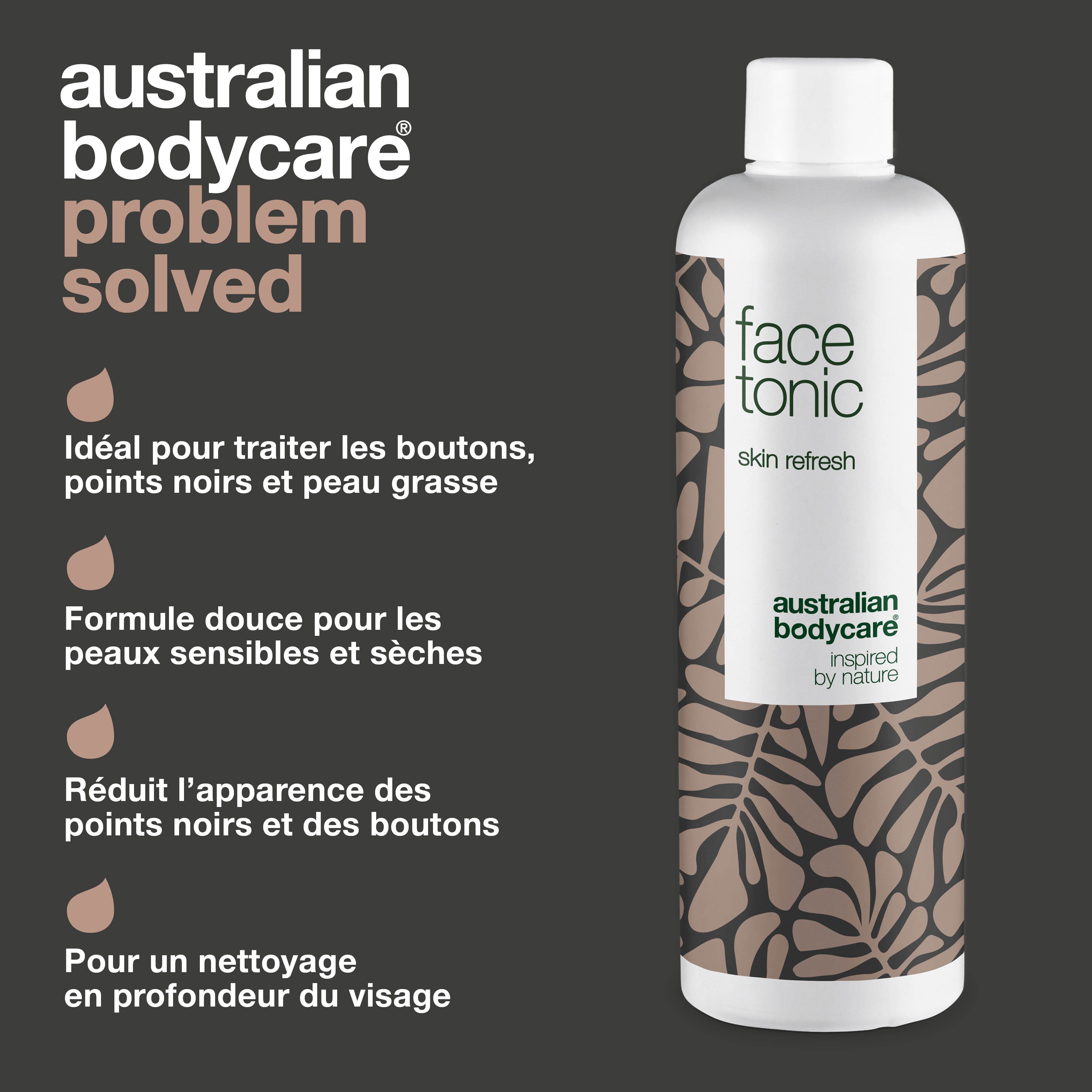 Flacon "face tonic" d'Australian Bodycare. Texte : Idéal pour boutons, points noirs et peau grasse. Nettoie la peau. Formule douce.