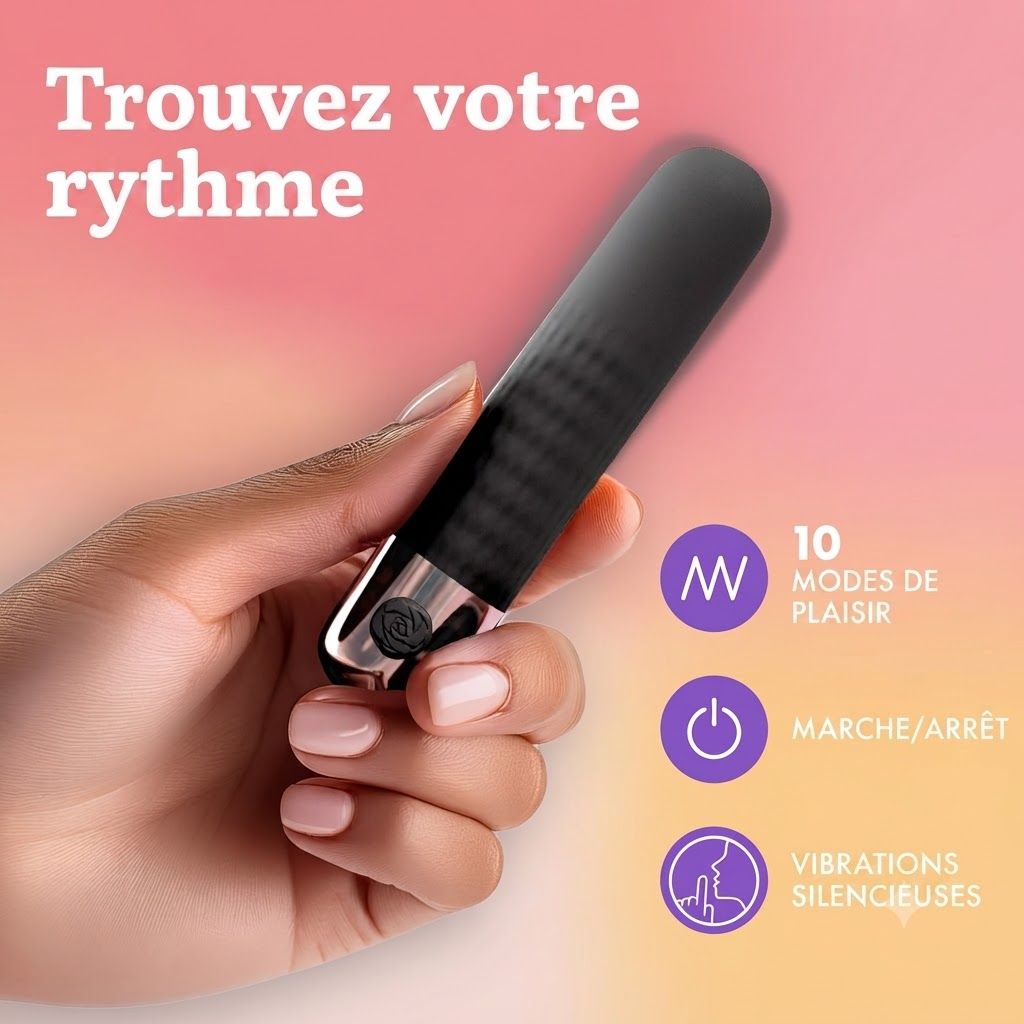 Vibrateur noir avec texture côtelée et détail de rose sur le manche. Indique 10 modes de plaisir, marche/arrêt et vibrations silencieuses.