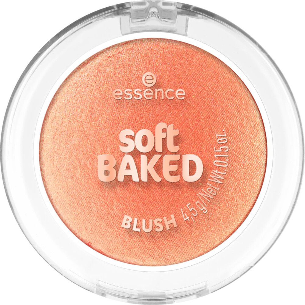 Fard à joues rond dans un boîtier transparent. Inscription : Essence, soft BAKED BLUSH.