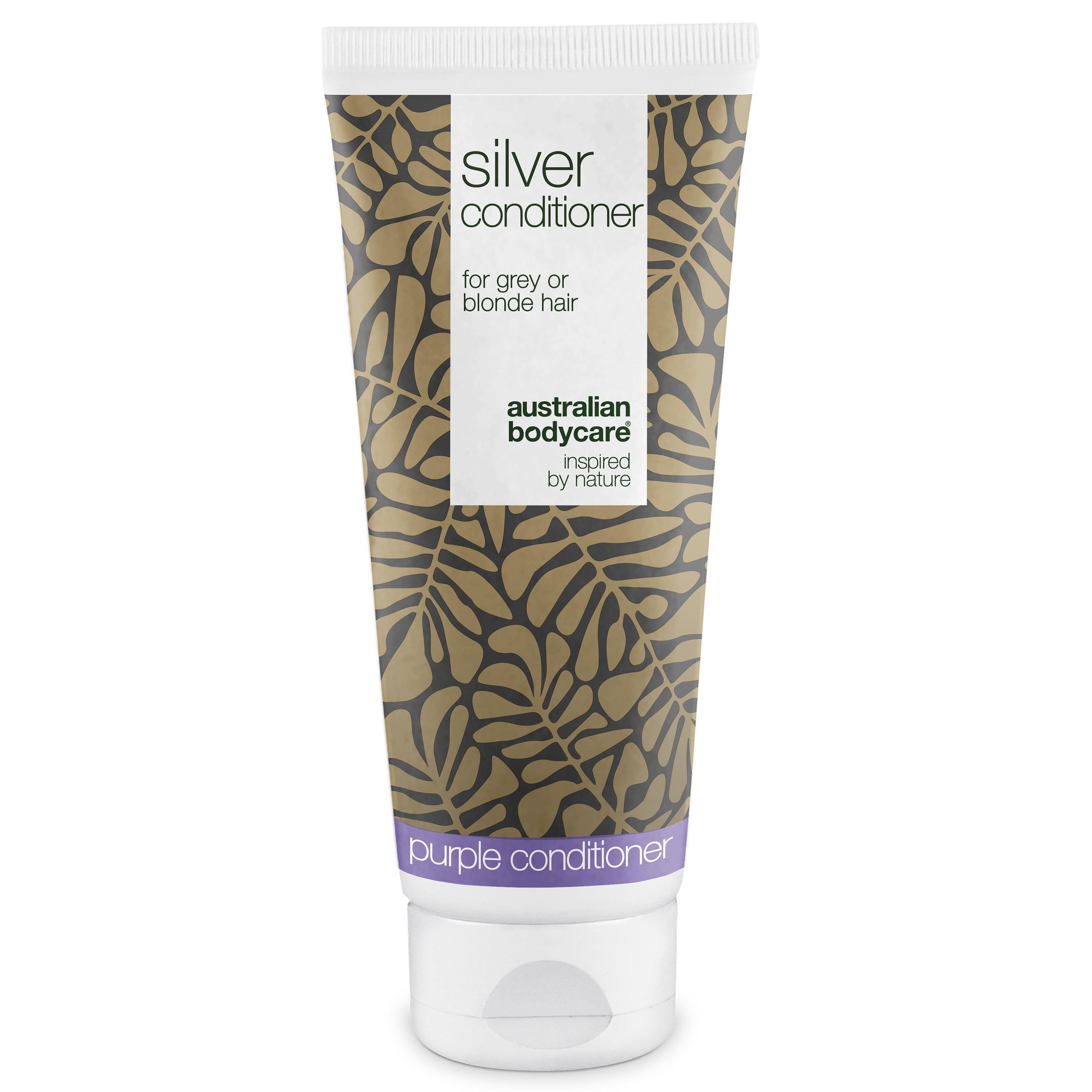 Tube de revitalisant argenté. Pour cheveux gris ou blonds. Marque : Australian Bodycare.