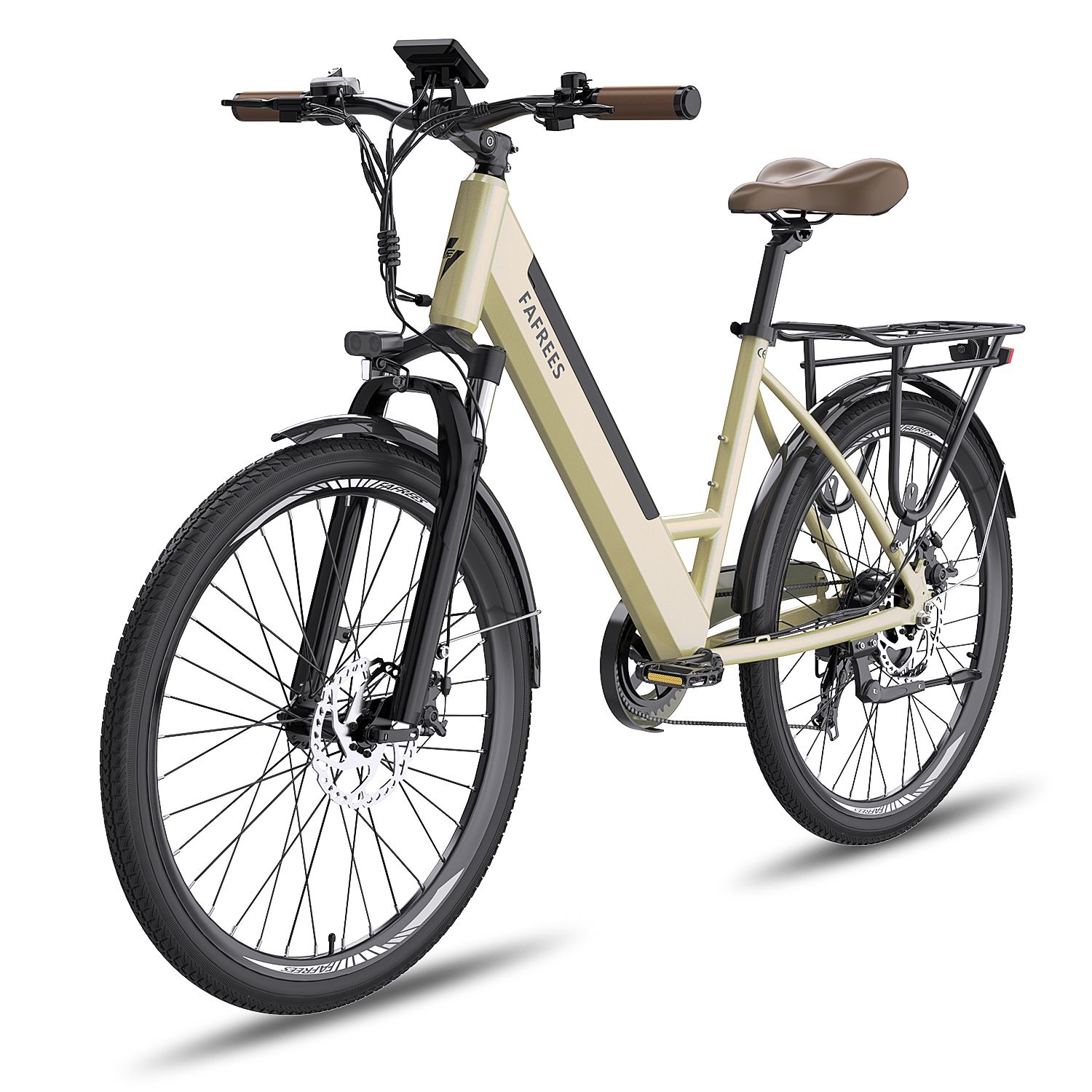 Vélo électrique beige avec cadre noir, porte-bagages et selle marron. Marque FAFREES.
