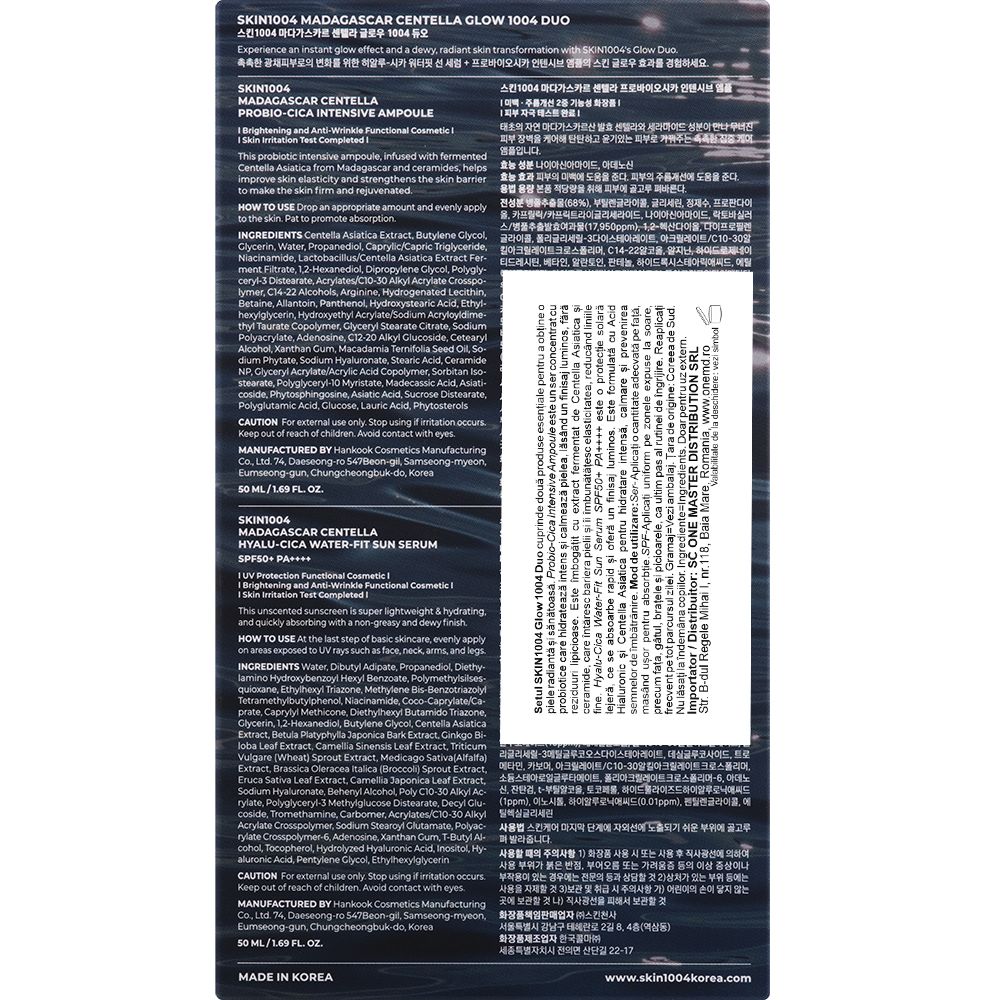 Achterkant van de verpakking van de Duo-set. Tekst in meerdere talen. Bevat informatie over ingrediënten en gebruik.