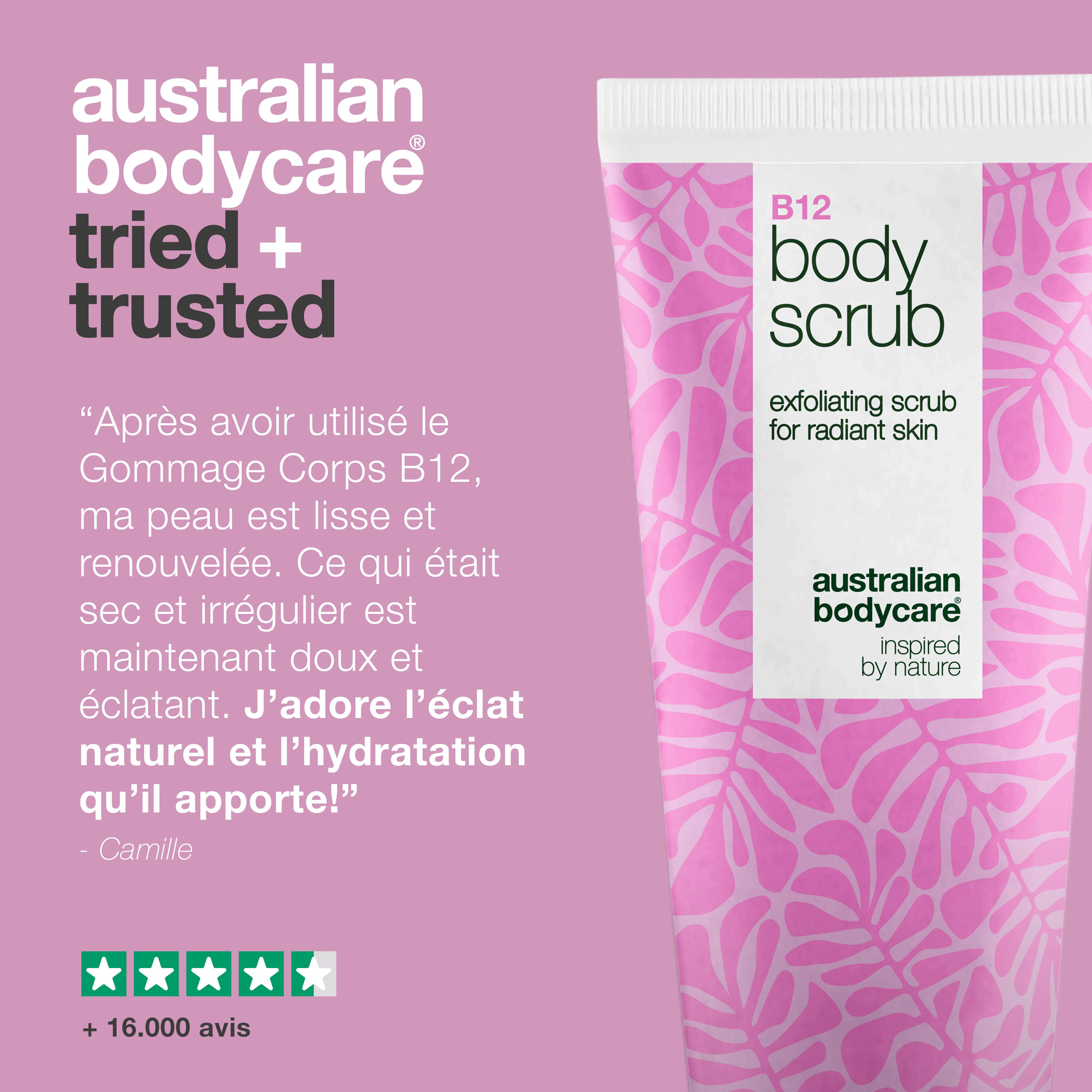 Tube B12 Body Scrub. Citation : Après utilisation, ma peau est lisse et renouvelée. +16 000 avis.