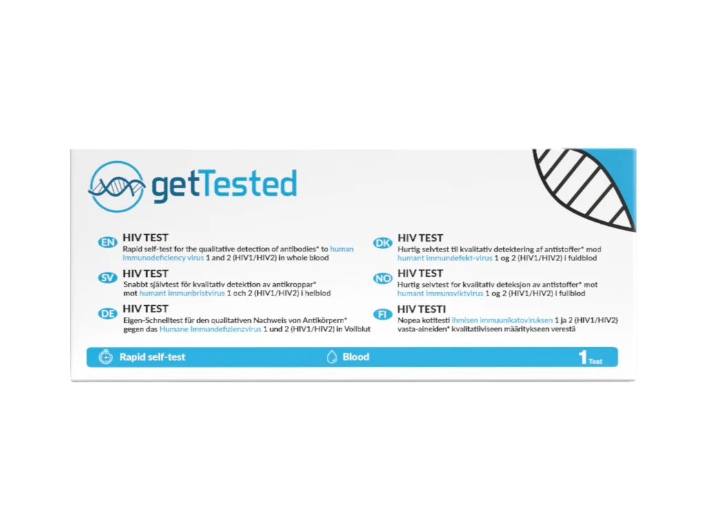 Boîte blanche avec logo bleu et texte. Contient des informations sur le test VIH et l'inscription 'Rapid self-test'.