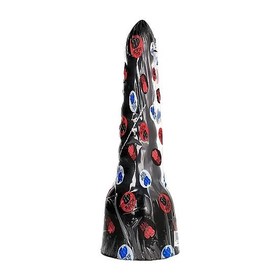 Dildo noir emballé, avec points rouges et bleus, base large.