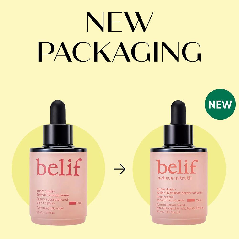 Vergelijking: oude en nieuwe verpakking Belif Super Drops serum.