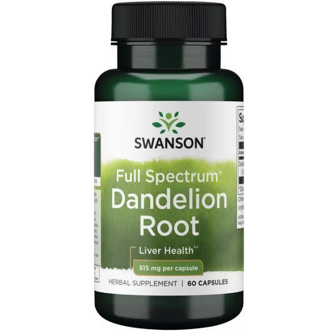 Flacon vert avec bouchon noir. Inscription: SWANSON, Racine de pissenlit, 515 mg par capsule, 60 capsules.