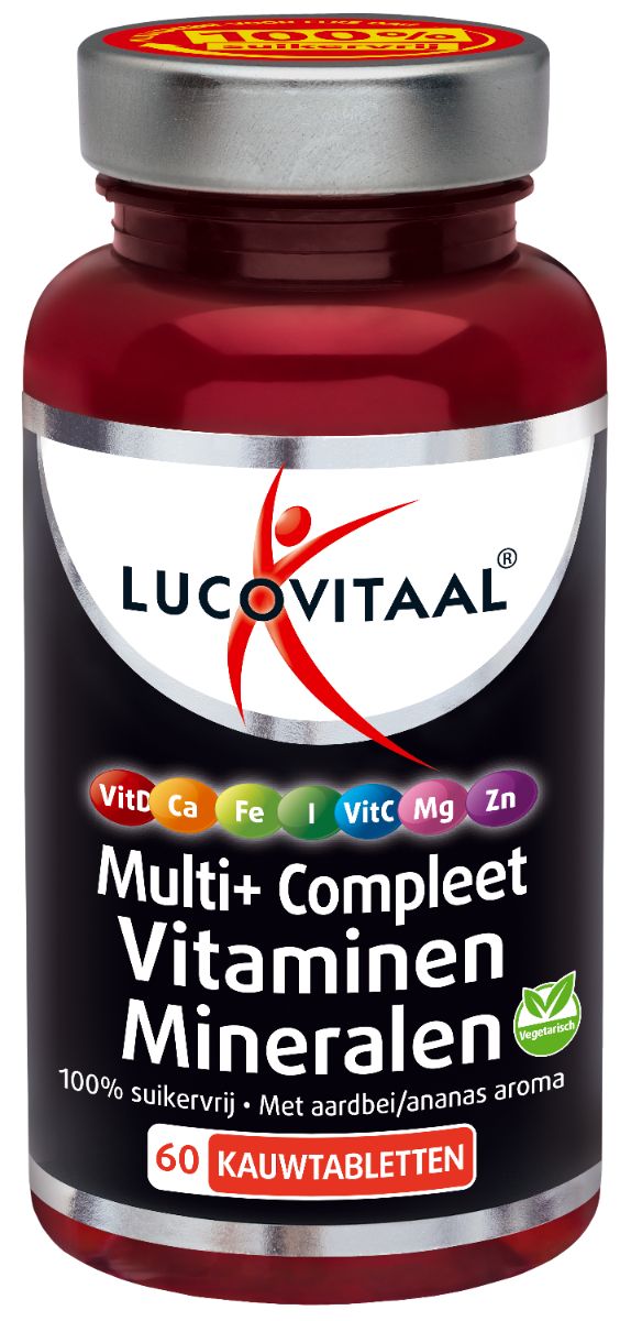 Rode fles met vitamine- en mineralentabletten. Opschrift: Lucovitaal Multi+ Compleet Vitaminen Mineralen. 60 kauwtabletten.