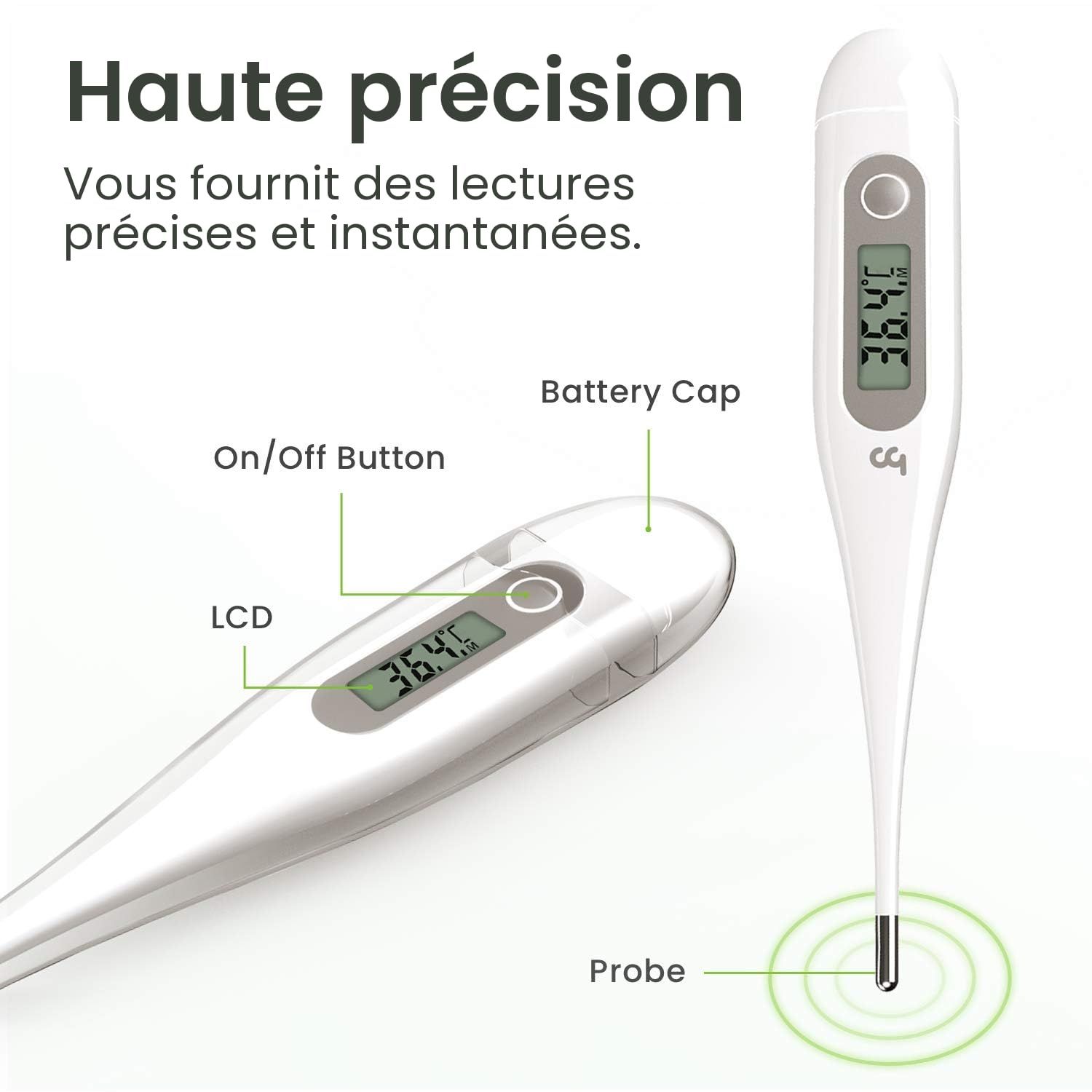 Thermomètre numérique avec écran LCD, bouton marche/arrêt, compartiment à piles et sonde.