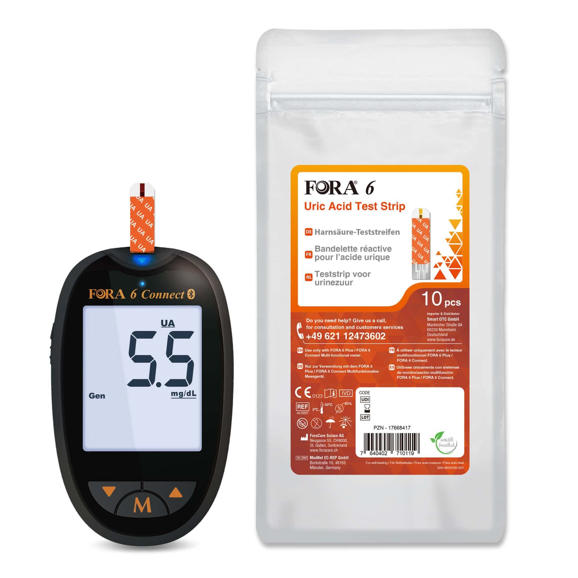FORA 6 Connect urinezuurmeter met 10 teststrips.