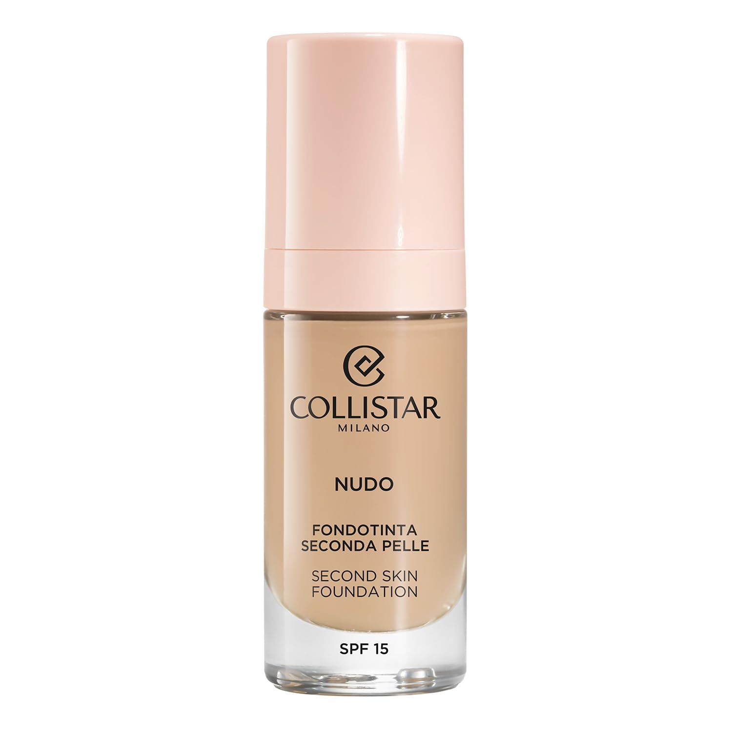 Flesje beige foundation. Roze dop. Opschriften: Collistar, Nudo, Fondotinta Seconda Pelle, Second Skin Foundation, SPF 15.