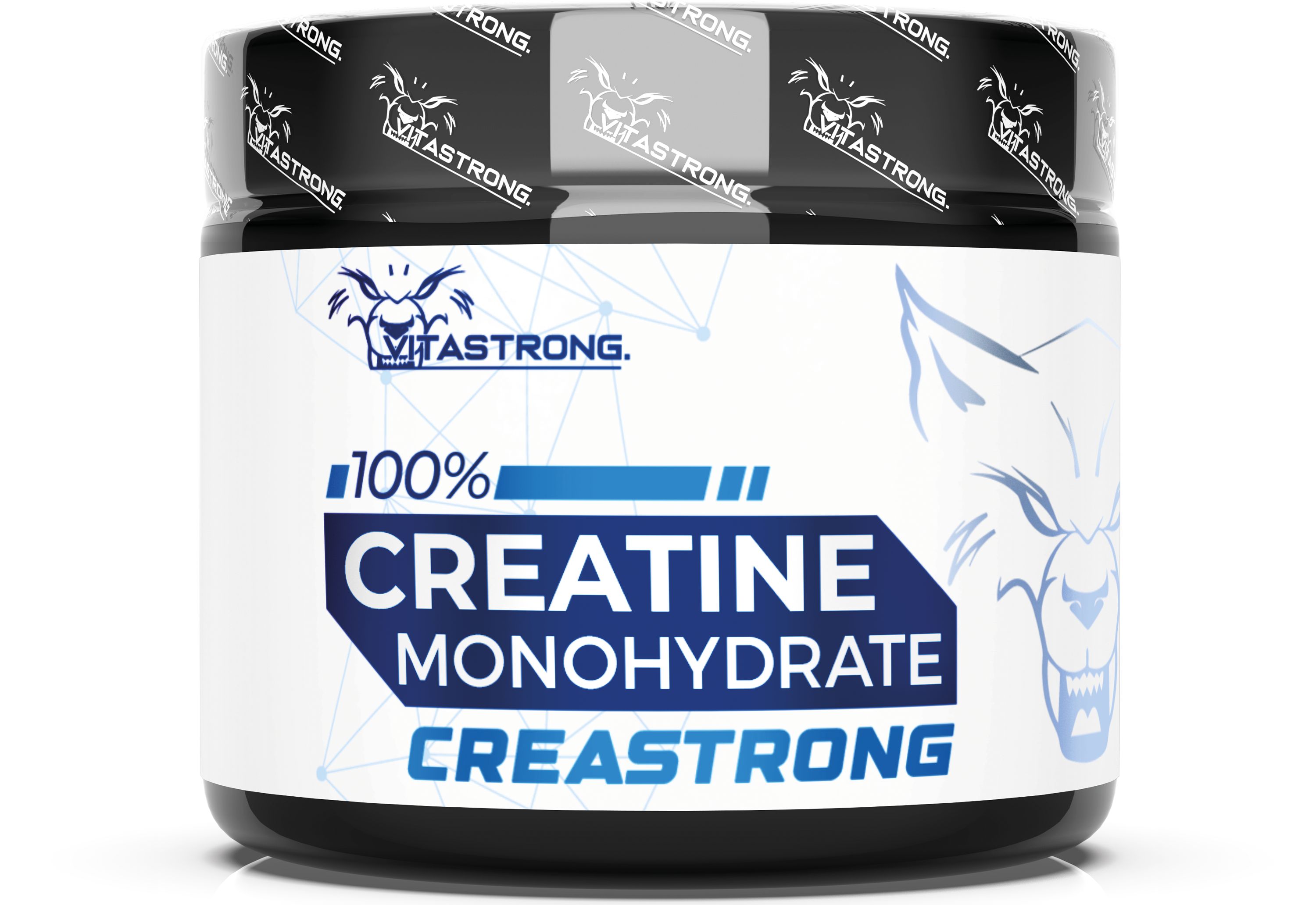Pot Vitastrong Creatine Creastrong avec logo tête de loup et informations produit.