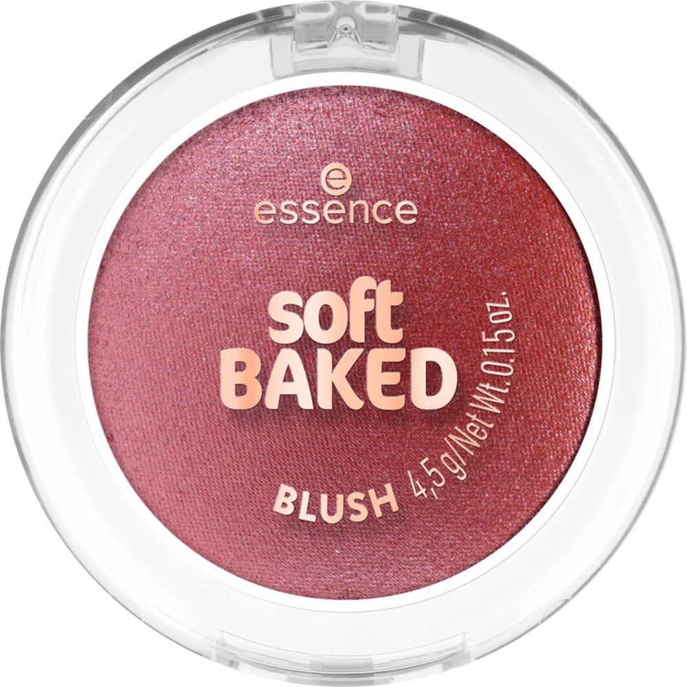 Ronde blushpoeder in een transparante verpakking. Opschrift: "essence soft BAKED BLUSH".