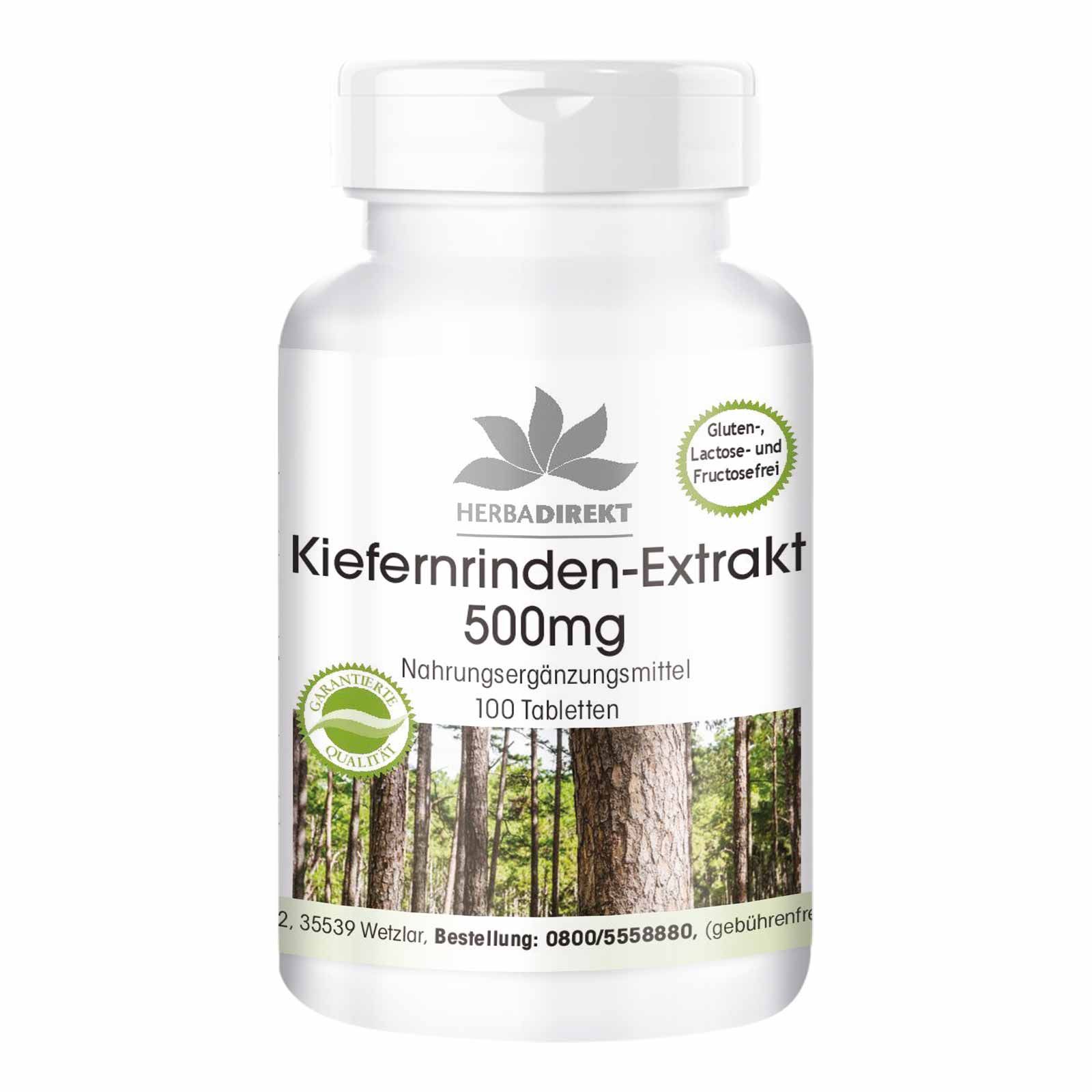 Witte tablettenfles met opschrift Kiefernrinden-Extrakt 500mg. Groen-wit etiket met logo en kwaliteitslabel.