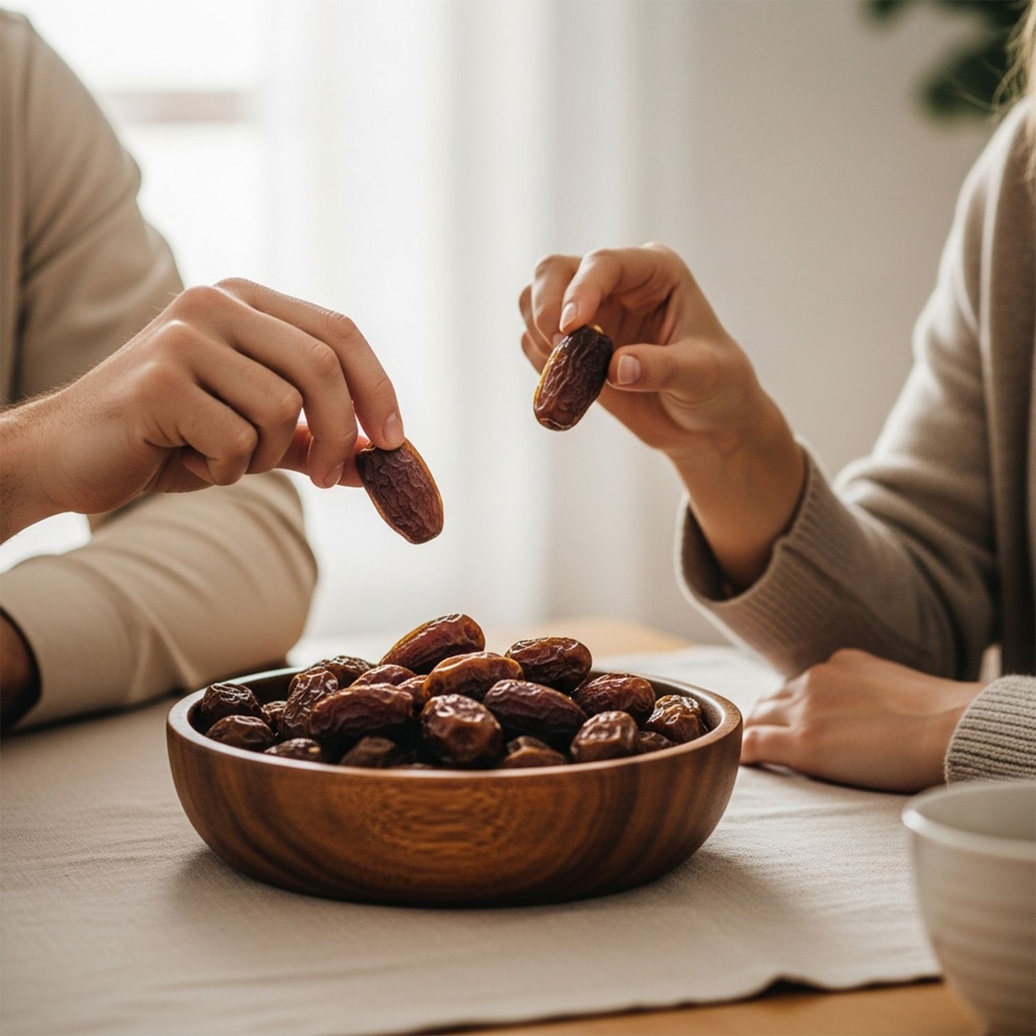 Mains se passant des dattes Medjool au-dessus d'un bol de dattes.