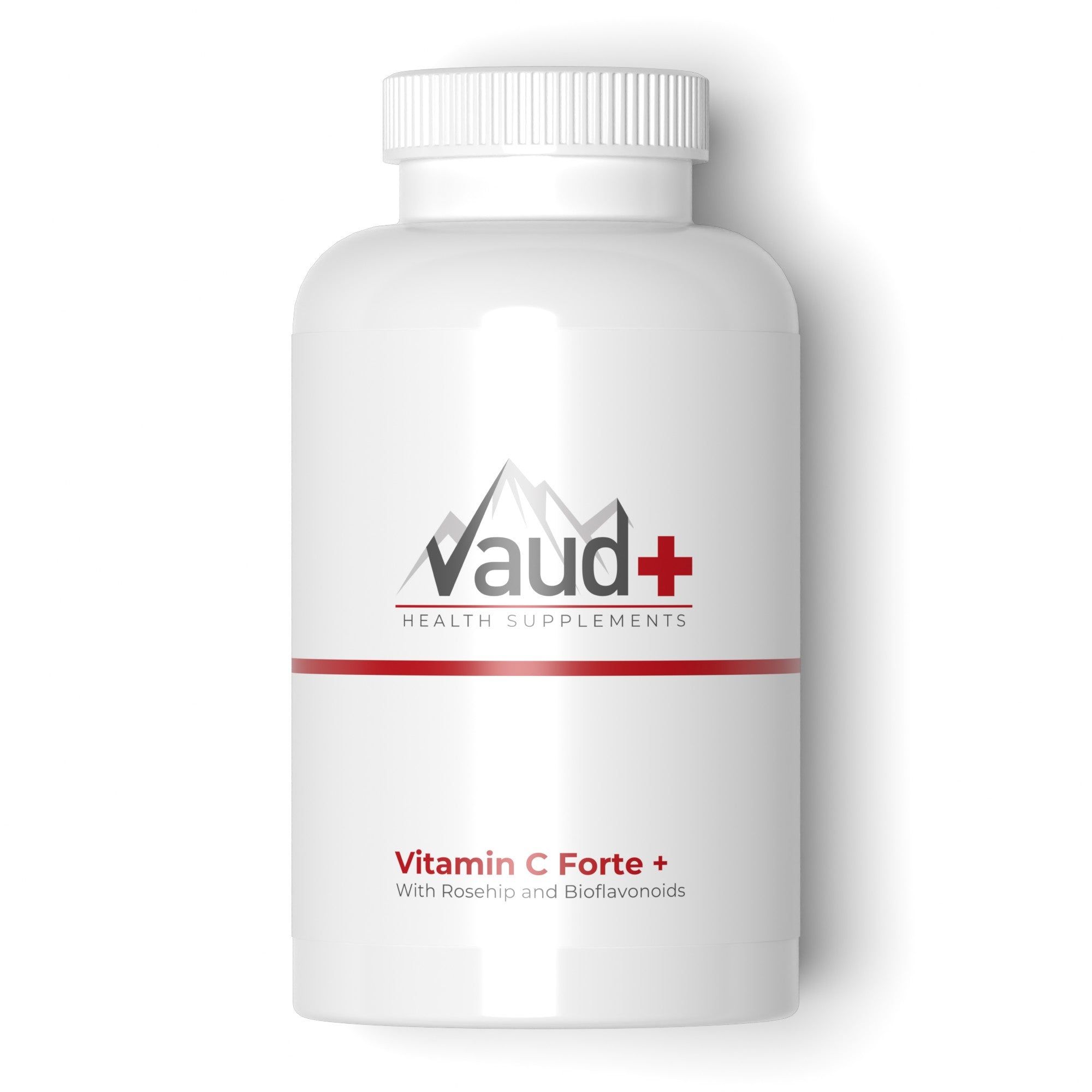Flacon blanc avec bouchon à vis. Bande rouge et texte: Vaud Health Supplements. Texte: Vitamin C Forte +.