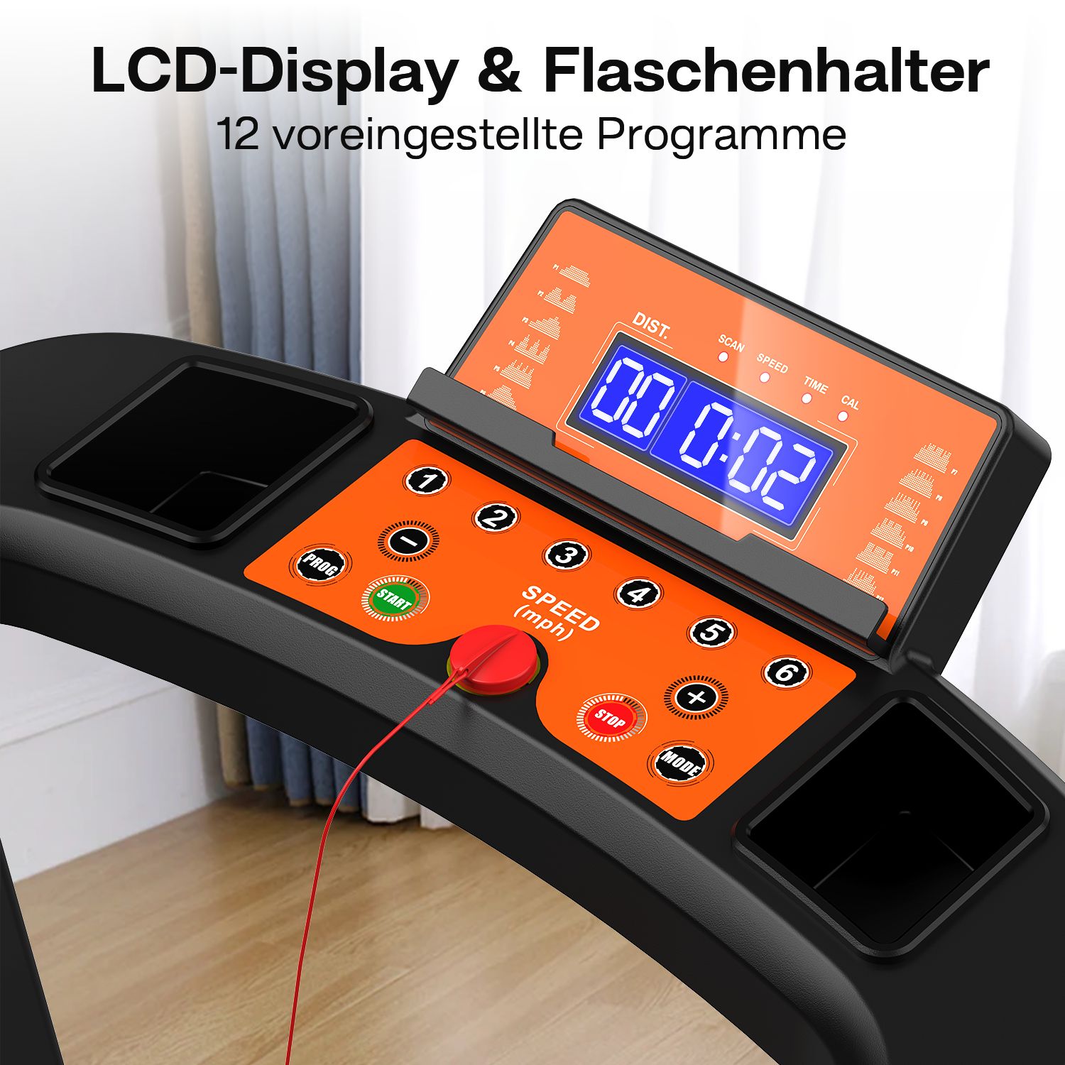 Zwarte loopband met leuningen. Bedieningspaneel met display en knoppen. Tekst: LCD-scherm & flessenhouder, 12 vooraf ingestelde programma's.