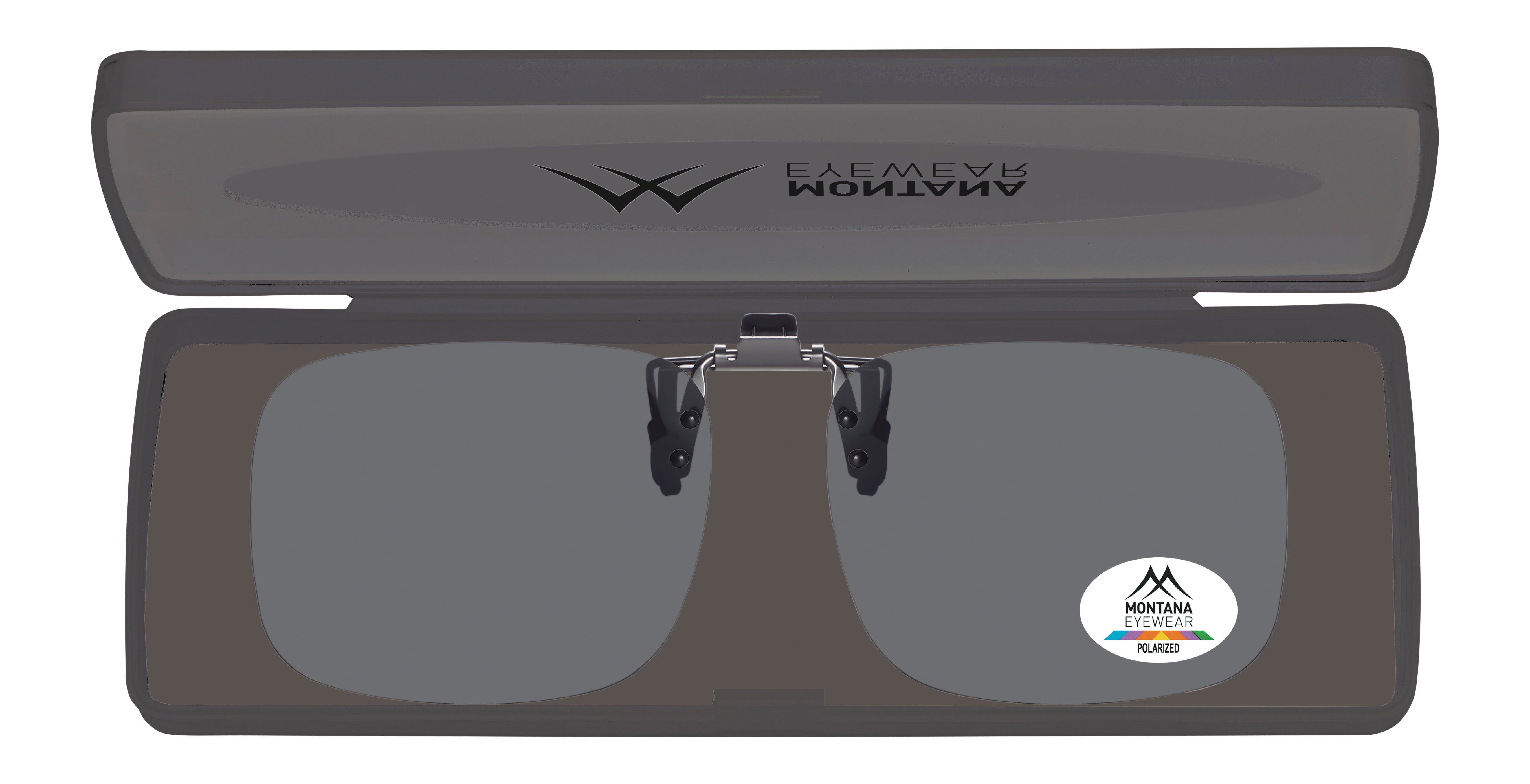 Lunettes de soleil dans un étui gris. Logo Montana Eyewear et indication de polarisation sur les verres. Étui avec logo.