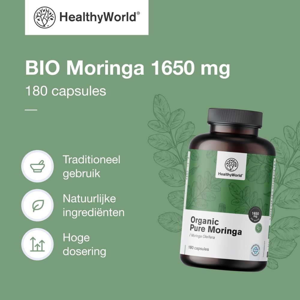 Fles met tekst: BIO Moringa 1650 mg. Tekst: Groen superfood met een bijzonder hoge voedingswaarde.